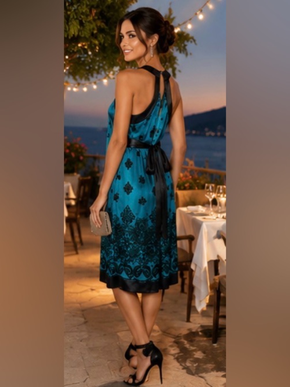 20.5 Title: Teal & Black Satin Trim Halter Cocktail Dress – Size 12